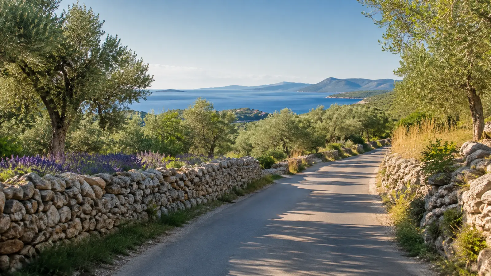 Road through Hvar Island olive groves and dry stone walls